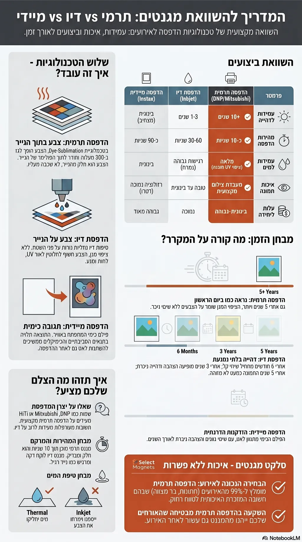 אינפוגרפיקה: השוואת הדפסה תרמית מול דיו מול מיידית למגנטים