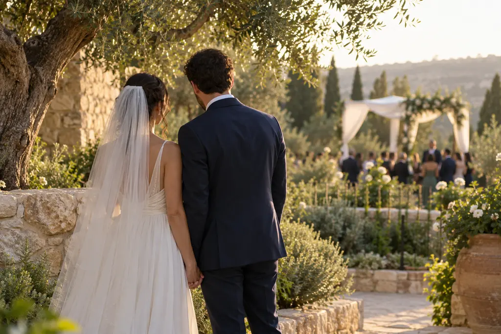 חתן וכלה ברגע שקט לפני החופה, מחזיקים ידיים בפינה מוצלת בגן האירועים