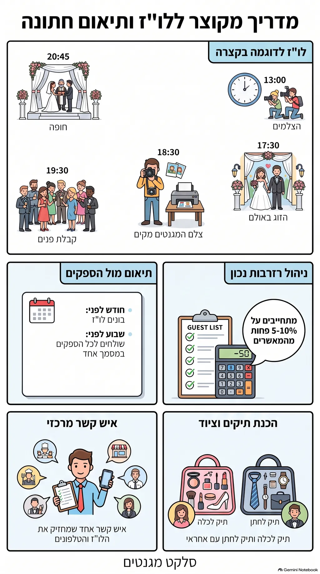 אינפוגרפיקה: לוז חתונה לדוגמה מ-13:00 עד החופה, תיאום ספקים, רזרבות, איש קשר ותיקים לכלה ולחתן